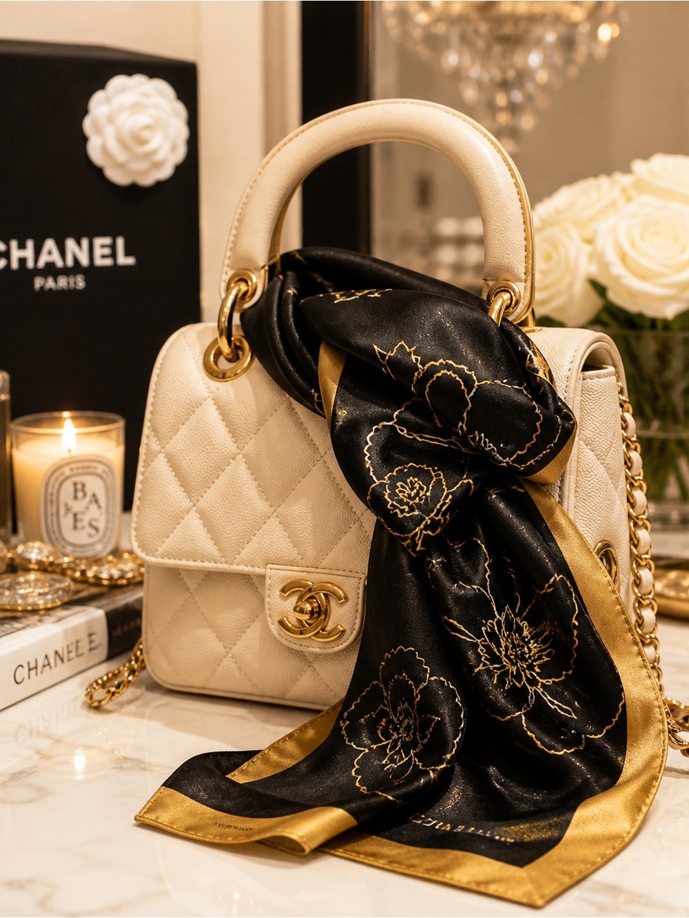 Italian Silk Scarf Black & Gold – Luxury Floral Satin Elegant Designer Wrap